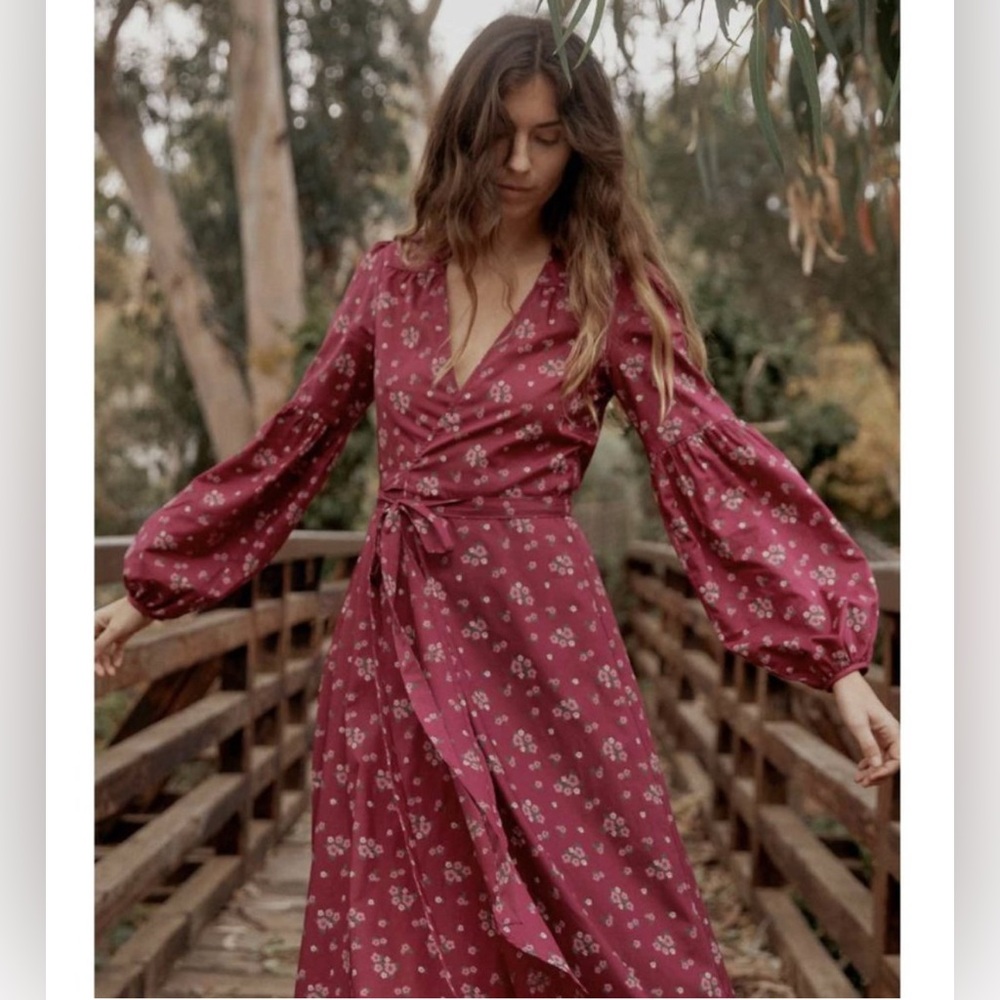 Christy Dawn Bergen Dress Red Floral Wrap Size L
